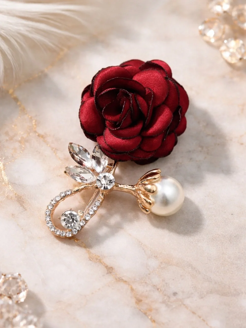 Red Rose Brooch Gold Tone Pearl Crystal Floral Pin Elegant Vintage Style